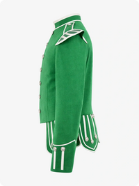 Green military-style jacket with white accents on a white background