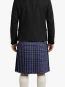 Person wearing a black jacket and blue plaid kilt on a white background