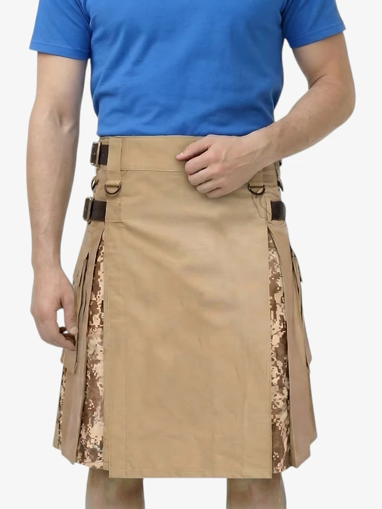 Khaki Hybrid Kilt with Desert Camo Pleats