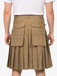 Brown pleated skirt with front pockets on a white background