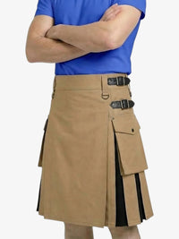 Person wearing a tan kilt with black accents on a white background