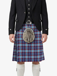 Person wearing a traditional Scottish kilt with a tartan pattern on a white background