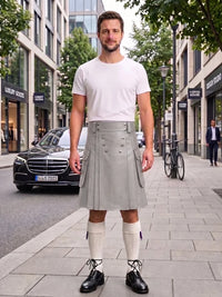 A man stands on a city sidewalk wearing a light gray pleated kilt with double-breasted buttons, a white t-shirt, white knee-high socks, and black leather shoes. A black Mercedes-Benz car and urban buildings are visible in the background.