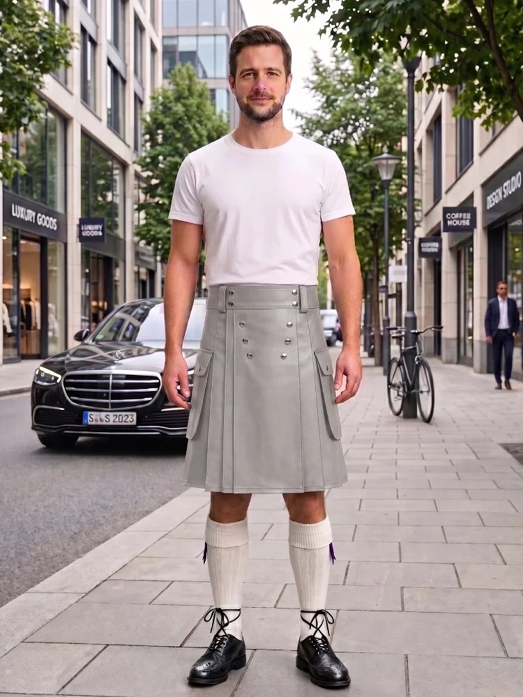 Light Grey Cow Leather Utility Kilts for Men