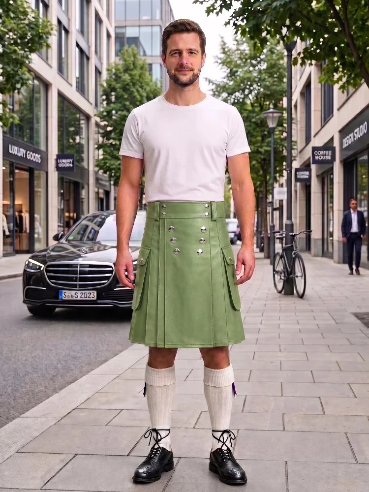 Light Green Cow Leather Utility Kilts for Men