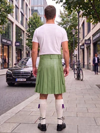 A man standing on a city street, viewed from behind, wearing a white t-shirt, a light green pleated kilt, white knee-high socks, and black shoes.