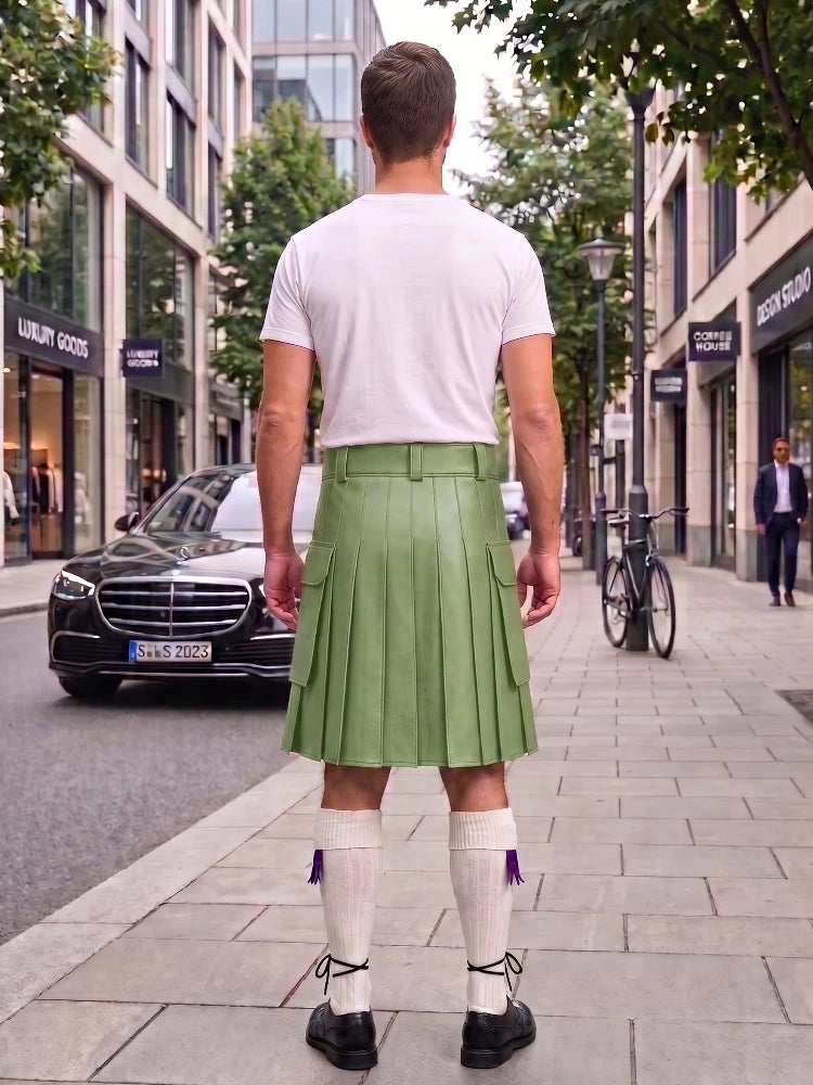 Light Green Leather Kilt For Men Tactical Utility Kilts