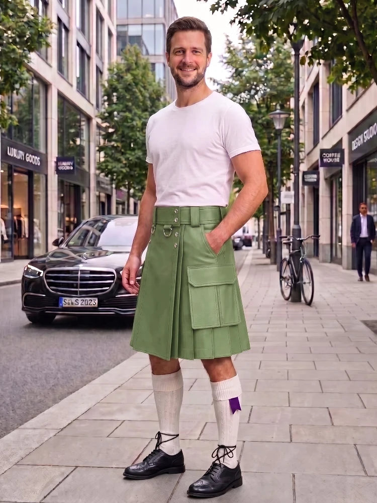 A man wearing a light green kilt with a matching belt, a white t-shirt, white knee-high socks, and black leather shoes, standing on a city sidewalk.