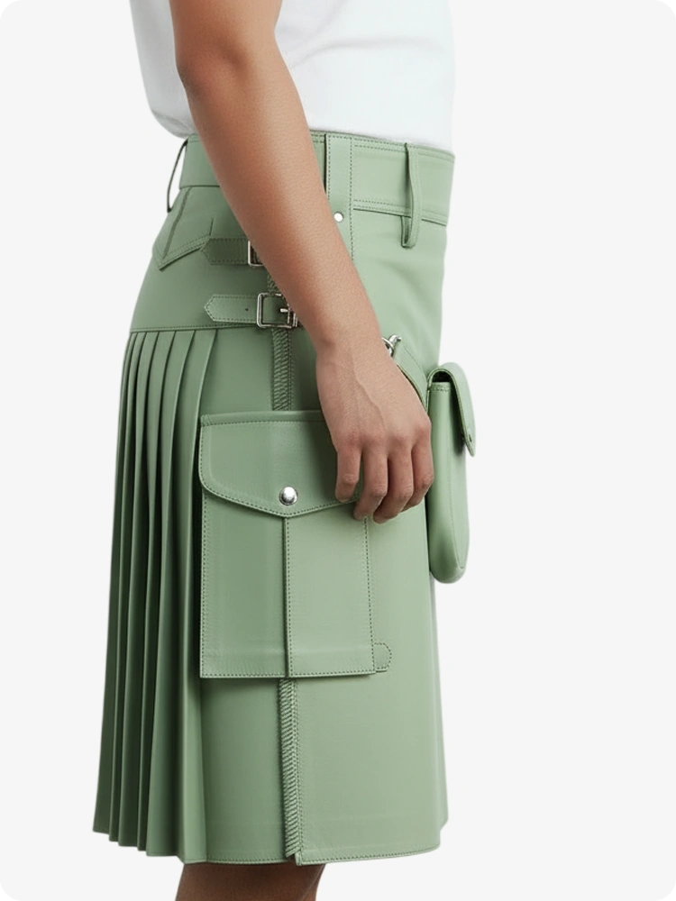 Light Green Leather Pleated Kilt with Belt Loops & Side Straps