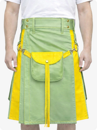 Light Green Leather Utility Kilt with Yellow Accents & Detachable Pockets