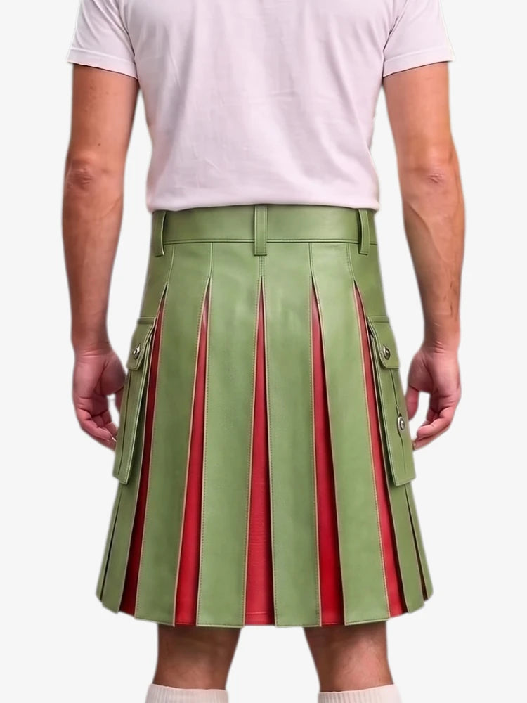 A model shown from the back wearing a green pleated leather kilt with red lining and side flap pockets, paired with a light pink t-shirt.