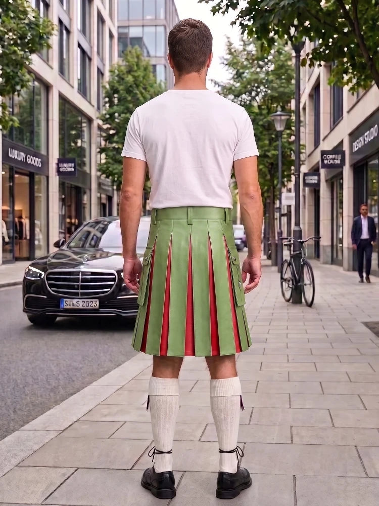 Light Green With Red Cowhide Leather Hybrid Utility Kilt