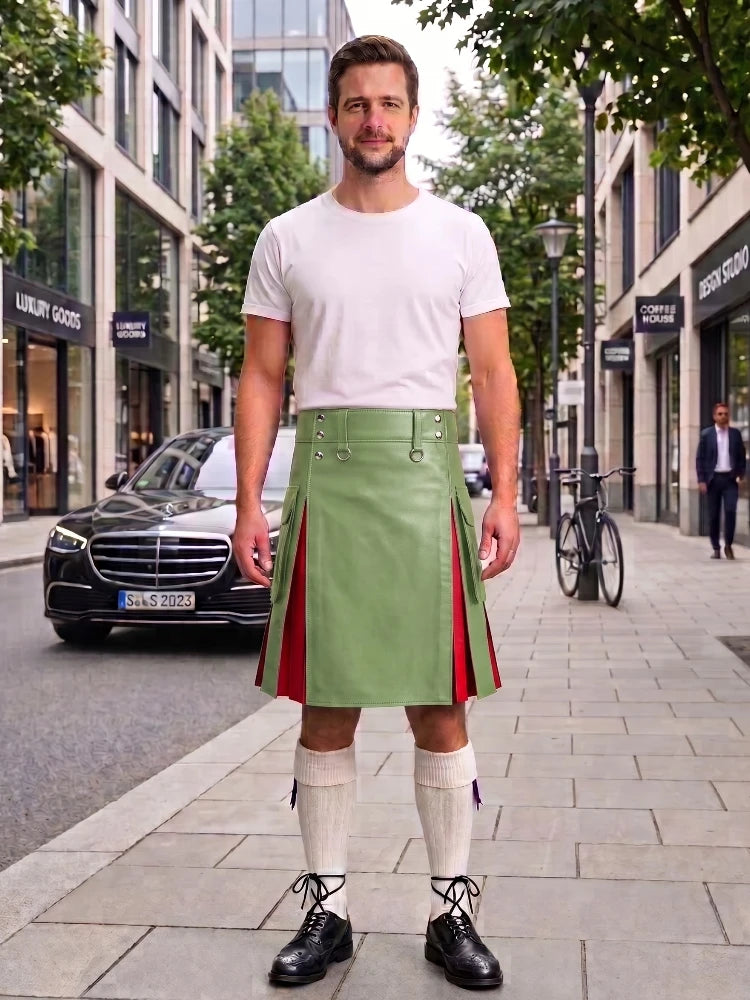 Light Green With Red Cowhide Leather Hybrid Utility Kilt
