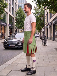 A man wearing a green pleated kilt with red and purple accent panels, a white t-shirt, white socks, and black shoes, standing on a city sidewalk next to a street with cars and trees.