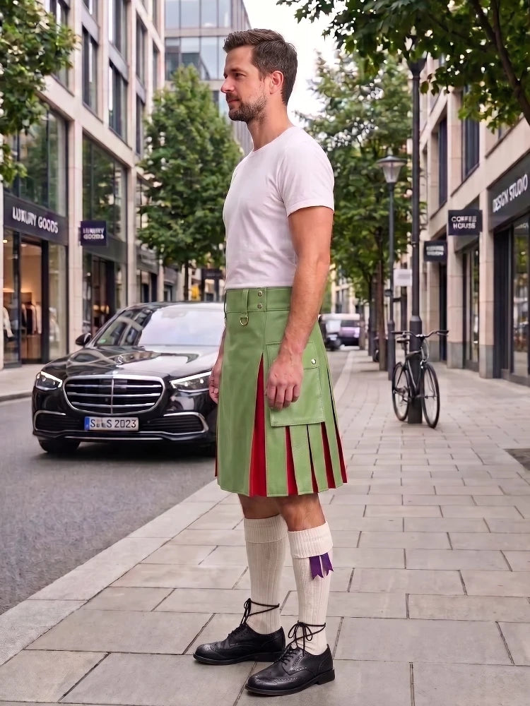 A man wearing a green pleated kilt with red and purple accent panels, a white t-shirt, white socks, and black shoes, standing on a city sidewalk next to a street with cars and trees.