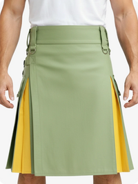 Green and yellow kilt worn by a person on a white background