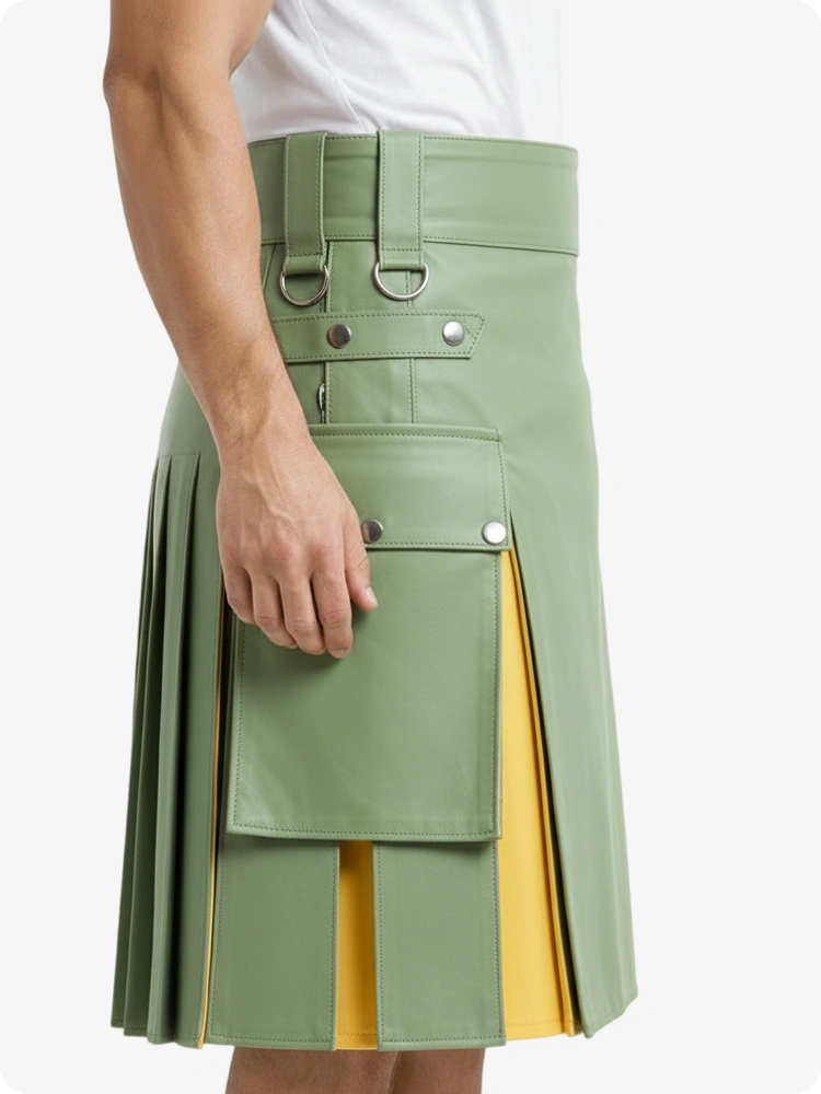 Light Green & Yellow Leather Utility Kilt with Cargo Pockets