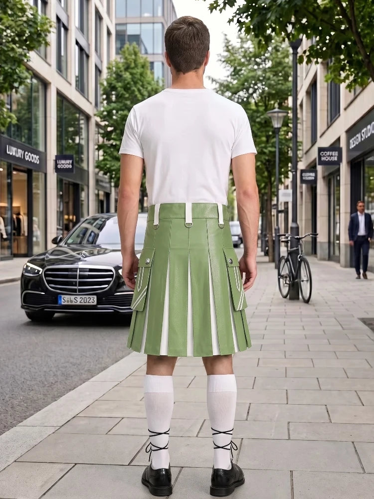 Light Green and White Leather Hybrid Utility Kilt