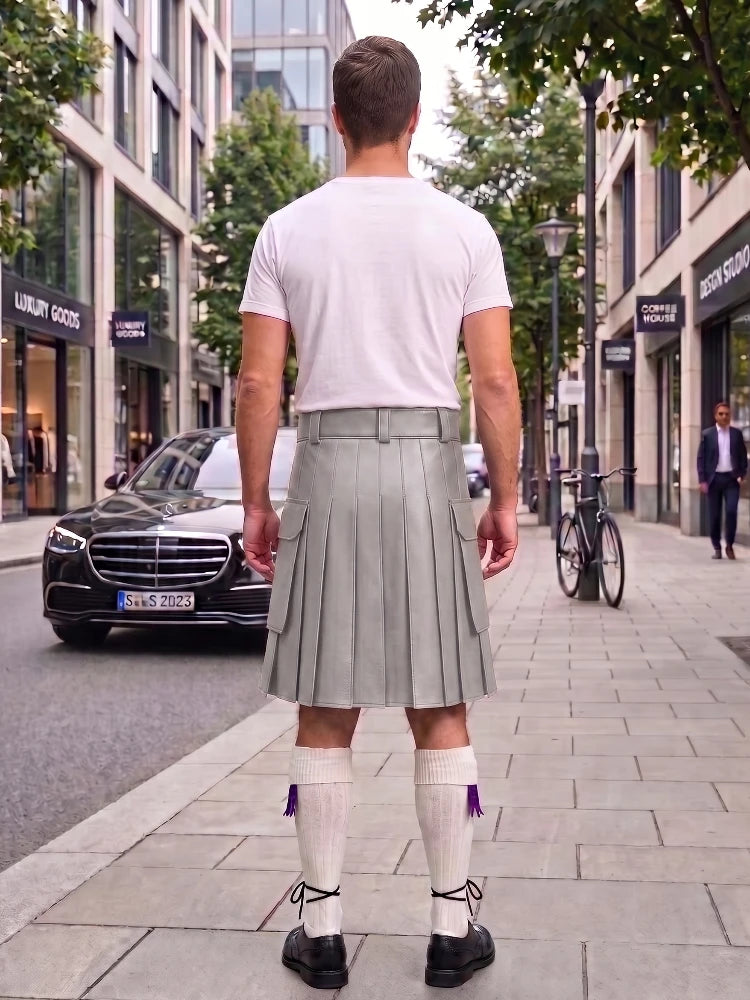 Light Grey Leather Kilt For Men Tactical Utility Kilts