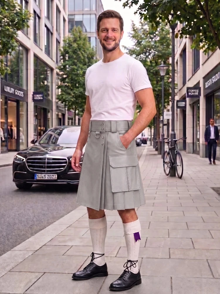 A man stands on a city sidewalk modeling a light gray kilt-style skirt over a white t-shirt, paired with white knee-high socks and black lace-up shoes. Buildings, trees, a parked black car, and a bicycle are visible in the urban street setting.