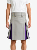 Light Grey Leather Kilt With Purple Pleats