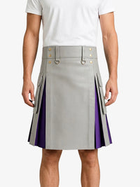 Light Grey Leather Kilt With Purple Pleats