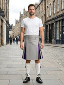 Light Grey Leather Kilt With Purple Pleats Front Side