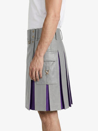 Light Grey Leather Kilt With Purple Pleats Left