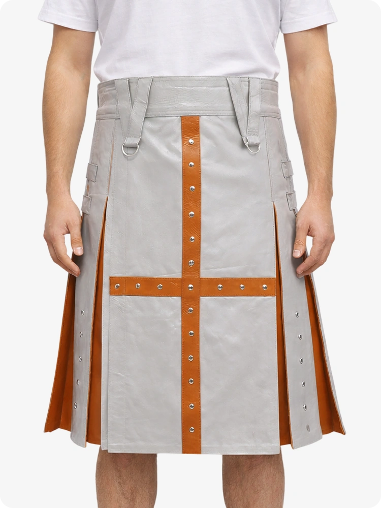 Light Gray kilt with orange accents worn by a person on a white background
