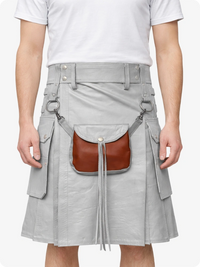 Person wearing a Light gray Leather Kilt with a brown leather bag attached