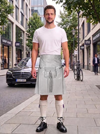 A man stands on a city sidewalk wearing a white t-shirt, a shiny light gray kilt with a front pouch pocket, white knee-high socks, and black leather shoes. Buildings, trees, and parked cars are visible in the background.