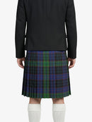 Person wearing a black jacket and plaid kilt on a white background