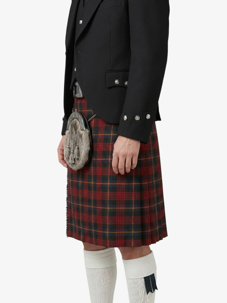 Person wearing a black jacket, red plaid kilt, and white knee-high socks on a white background