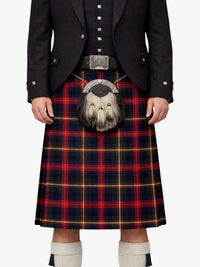 Person wearing a traditional Scottish kilt with a visible tartan pattern on a white background