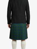 Person wearing a black jacket and green plaid kilt on a white background