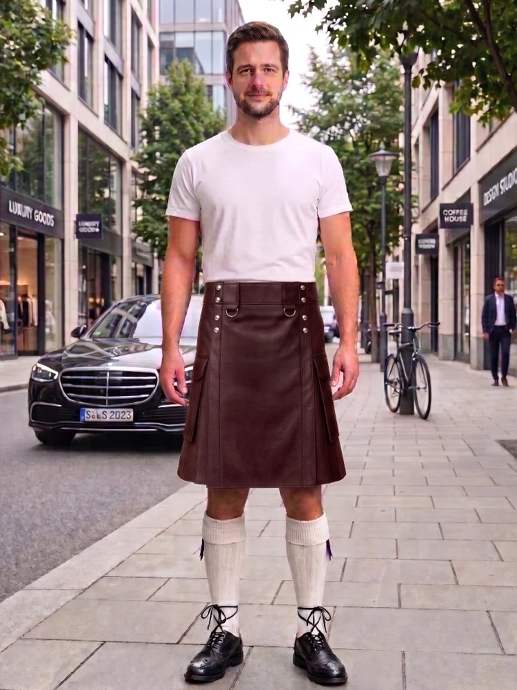 Maroon Leather Kilt For Men Tactical Utility Kilts