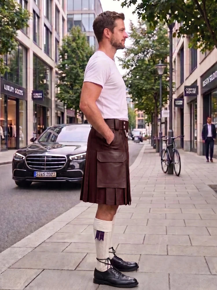 A man standing on a city sidewalk wearing a dark green pleated kilt, a white t-shirt, white socks, and black leather shoes. A black Mercedes-Benz car is parked on the street behind him, with trees and storefronts in the background.