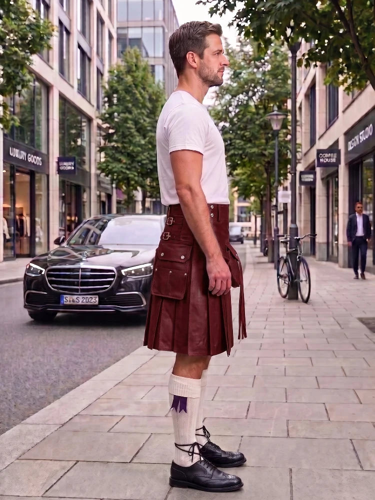 A man standing on a city sidewalk wearing a dark brown leather kilt, a white t-shirt, white socks, and black leather shoes, with a street scene and parked cars in the background.