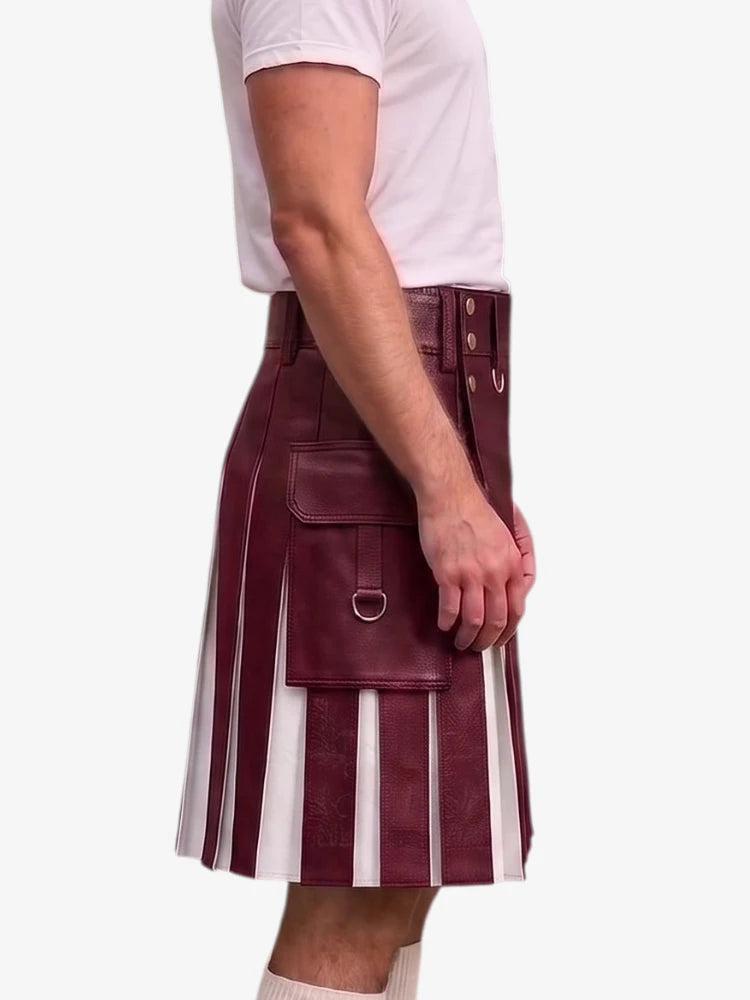 A maroon faux-leather kilt with pleated white vertical stripes, featuring a large front cargo pocket with a metal D-ring, modeled on a person wearing a white t-shirt against a light gray background.
