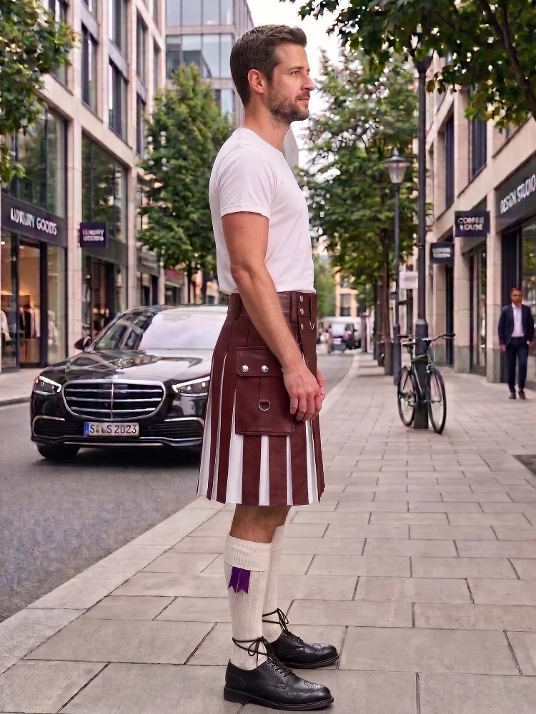 A man standing on a city sidewalk wearing a brown and white striped kilt, white t-shirt, white knee-high socks, and black leather shoes. The background shows a street with a black Mercedes-Benz car, storefronts, and a bicycle.