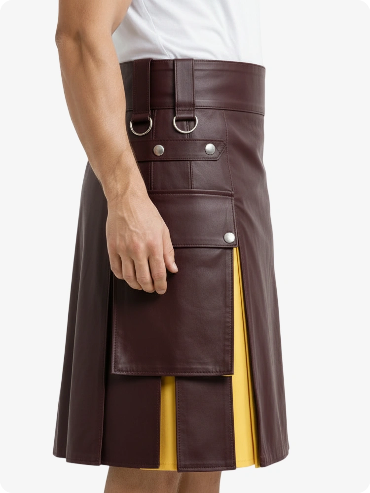 Maroon & Yellow Leather Utility Kilt with Cargo Pockets