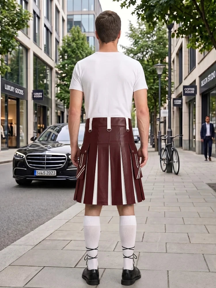 Maroon and White Leather Hybrid Utility Kilt