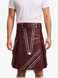A maroon faux-leather kilt with white geometric stripe patterns, worn by a model in a white t-shirt against a light gray background.