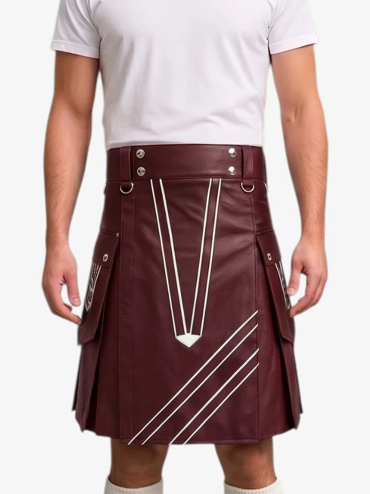 A maroon faux-leather kilt with white geometric stripe patterns, worn by a model in a white t-shirt against a light gray background.