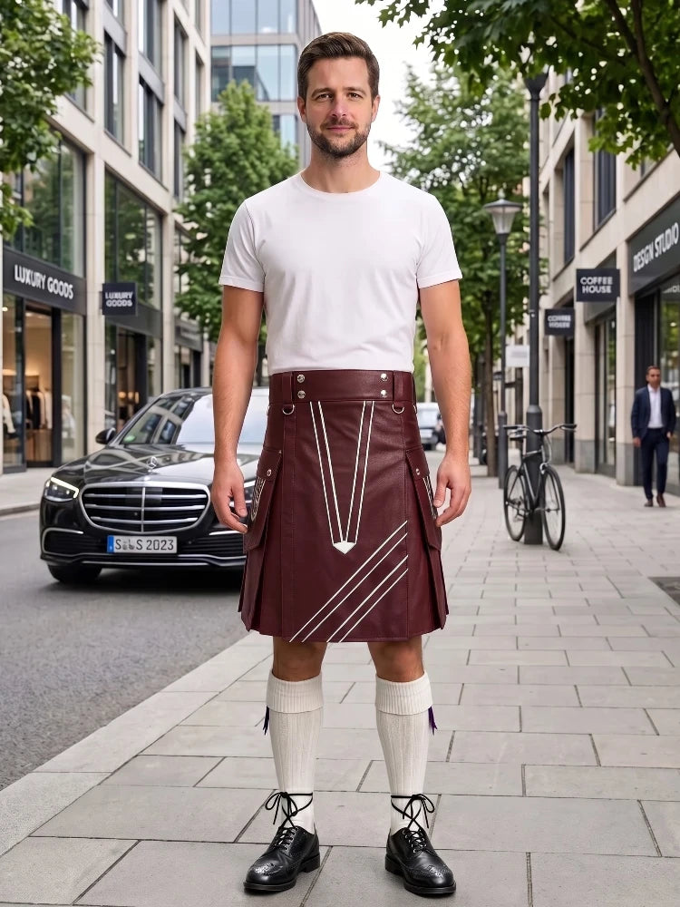 Maroon and White Leather Hybrid Utility Kilt