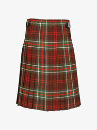 Plaid kilt with a brown, red, and green pattern on a white background