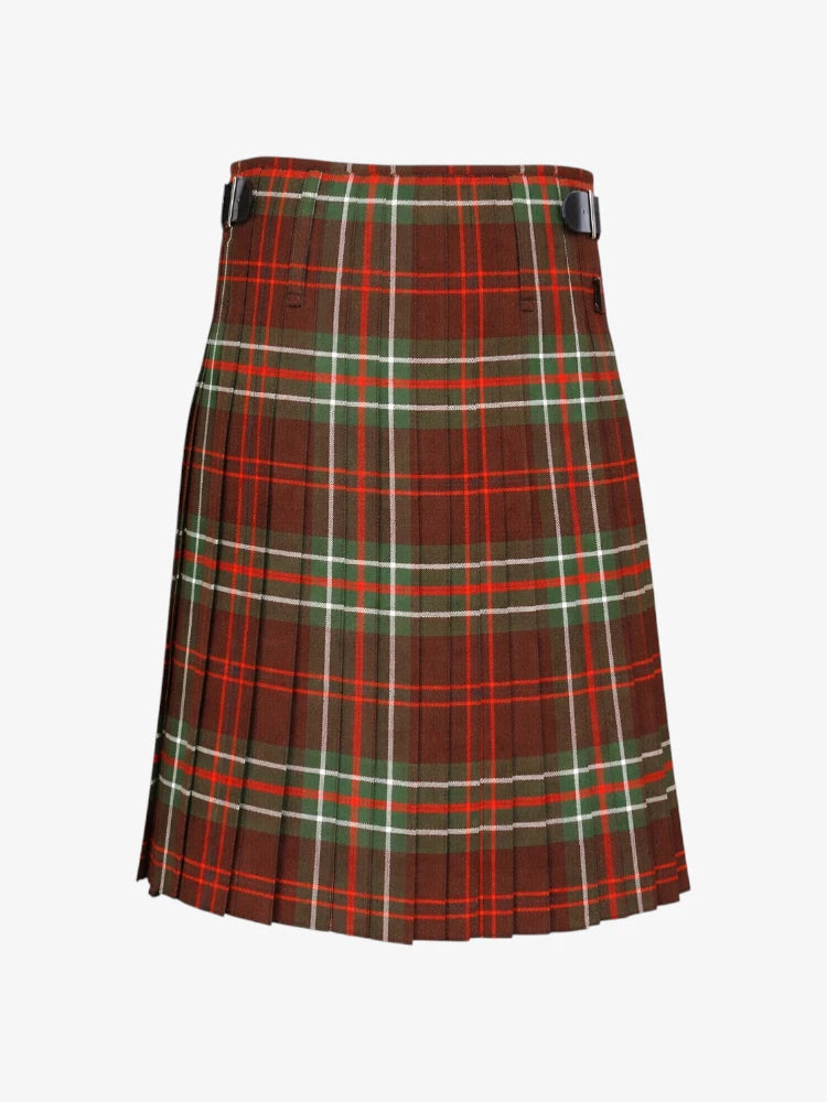 Plaid kilt with a brown, red, and green pattern on a white background