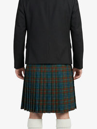 Person wearing a black coat and plaid kilt on a white background