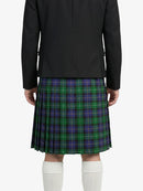 Person wearing a black jacket and green plaid kilt on a white background