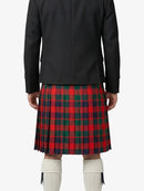 Person wearing a black jacket and red plaid kilt on a white background